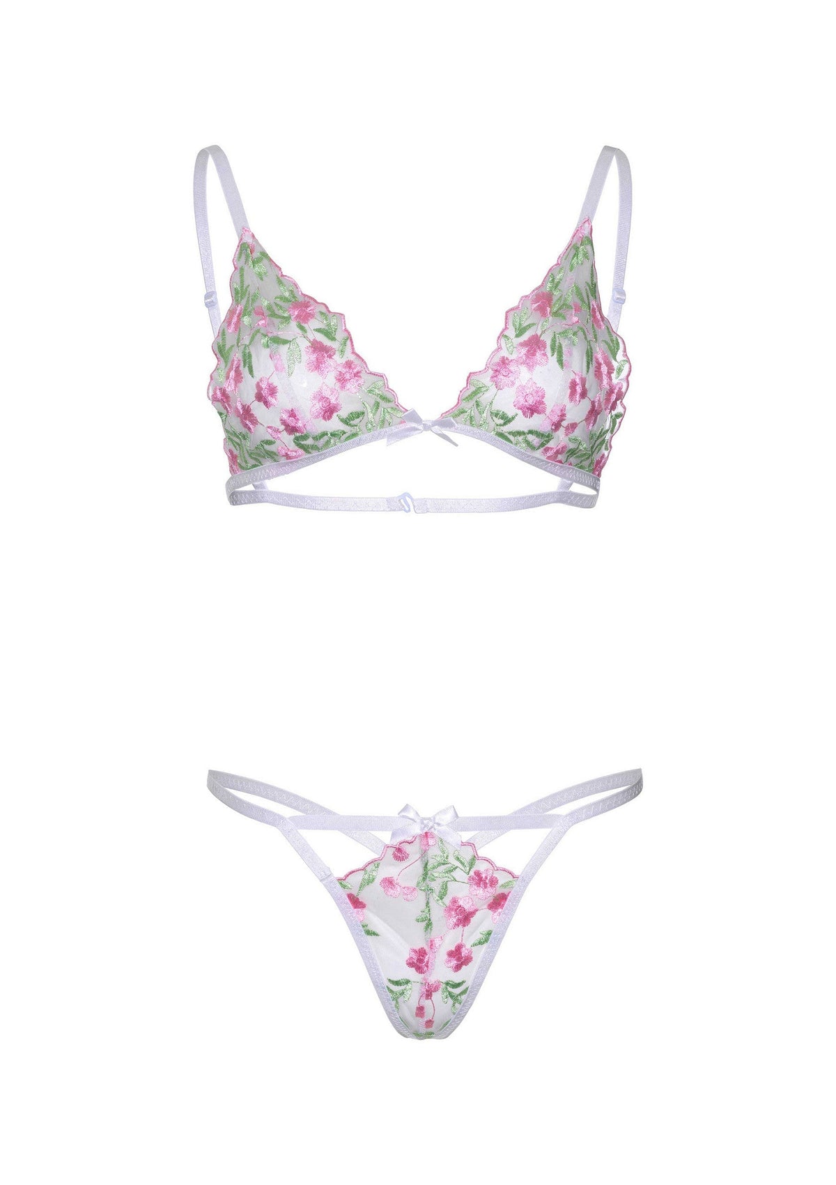 Floral Sheer Bra and String WHITE S - 5