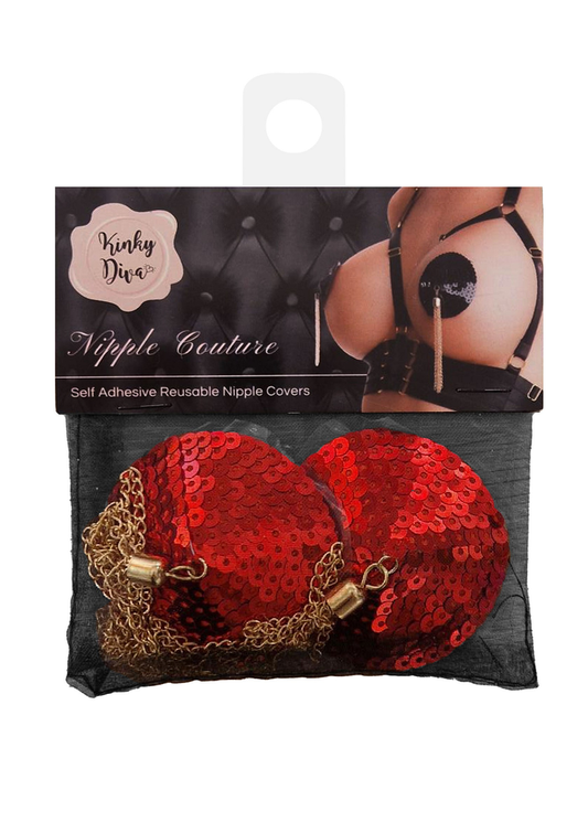 Kinky Diva Sequin Nipple Covers with Chain - Rot