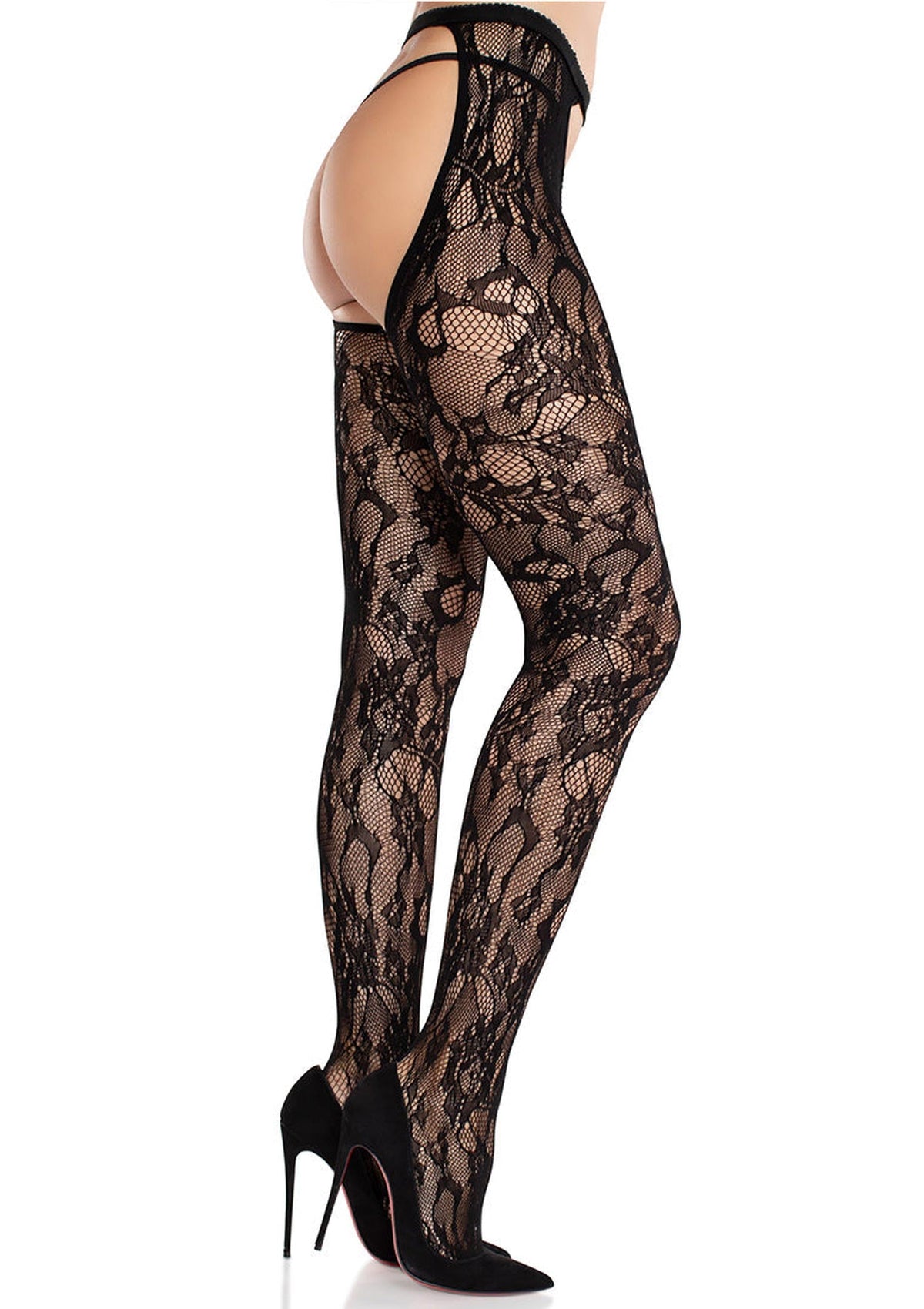 Rose Lace Crotchless Tights with Open Back BLACK O/S - 1