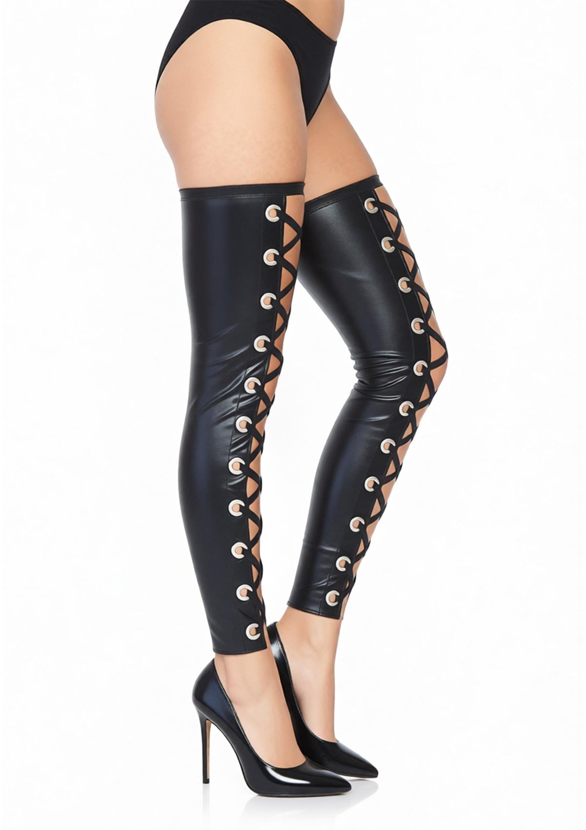 Wetlook Footless Lace Up Thigh BLACK M/L - 2