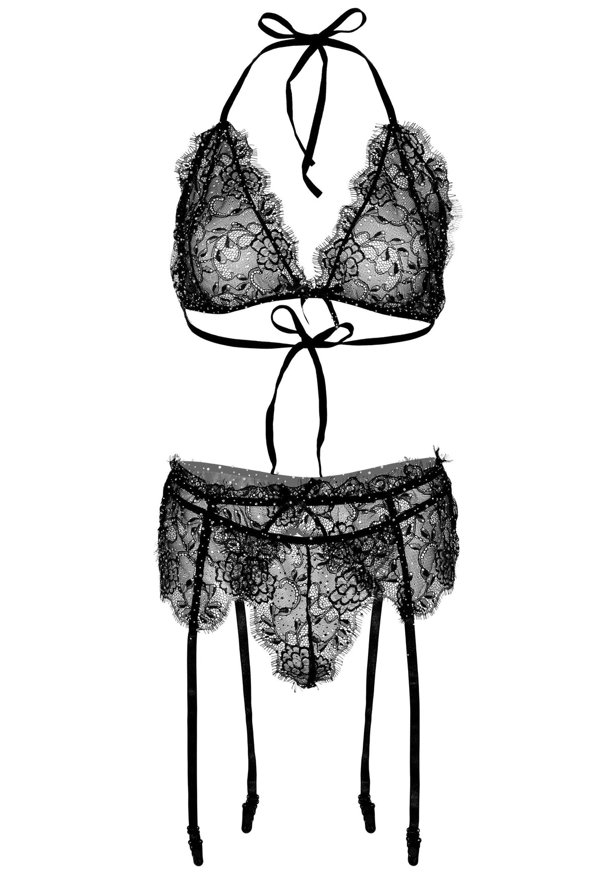 Plus Lace Bra Top, String and Garter Belt BLACK 1X/2X - 7