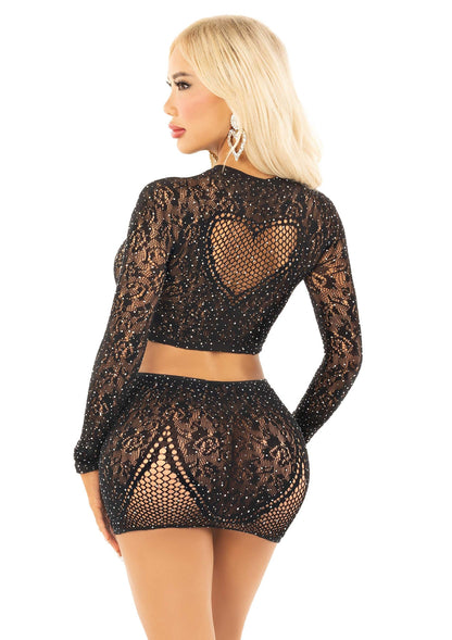 Rhinestone Crop Top and Mini Skirt BLACK O/S - 1
