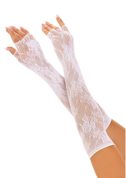 Opera Length Floral Net Fingerless Gloves - Weiß