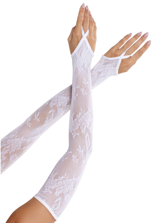 Floral Net Extra Long Gauntlet Arm Warmers - Weiß