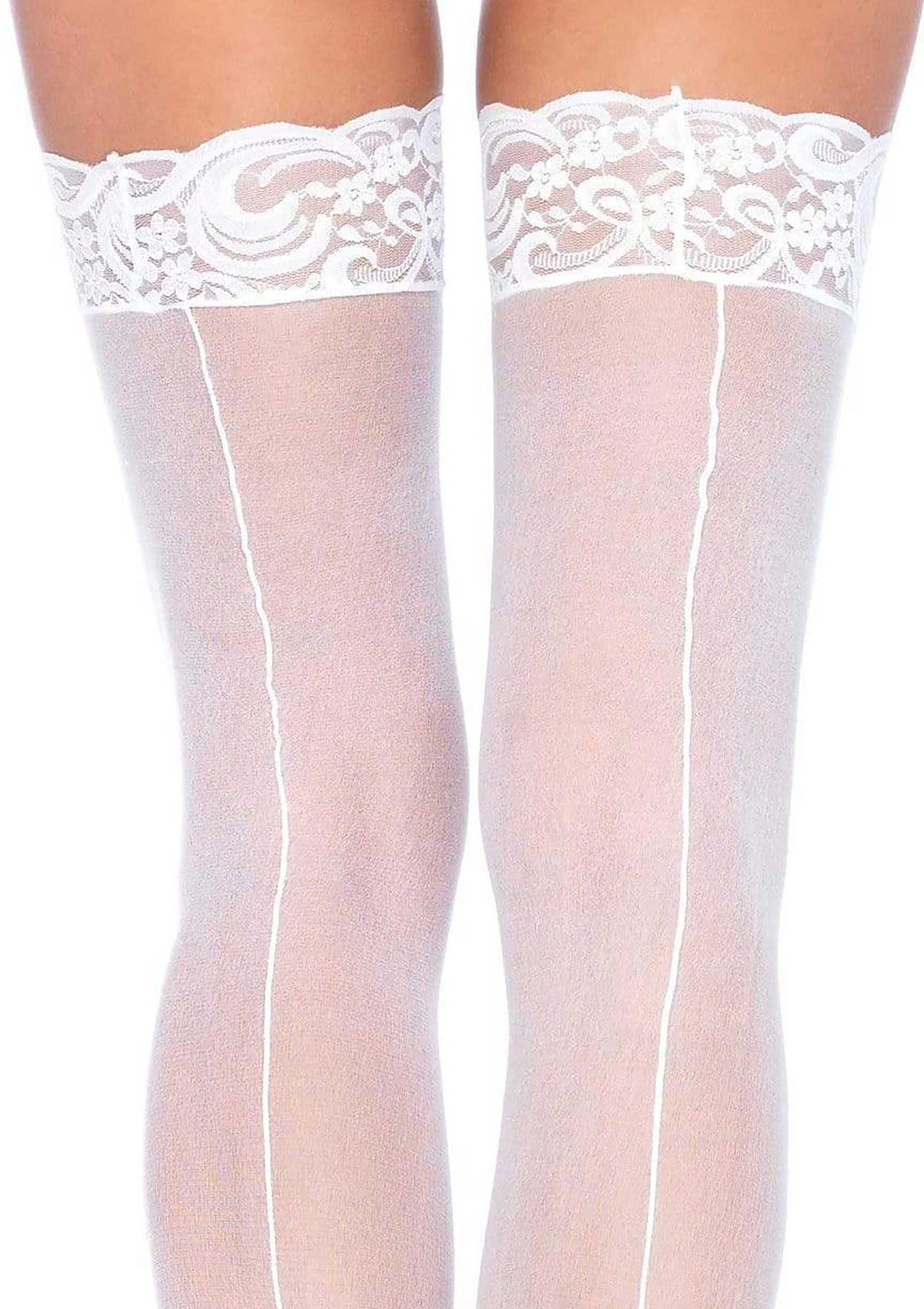 Sheer Backseam Stockings with Lace Top WHITE O/S - 1