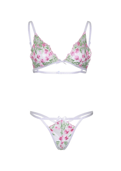 Floral Sheer Bra and String WHITE S - 5