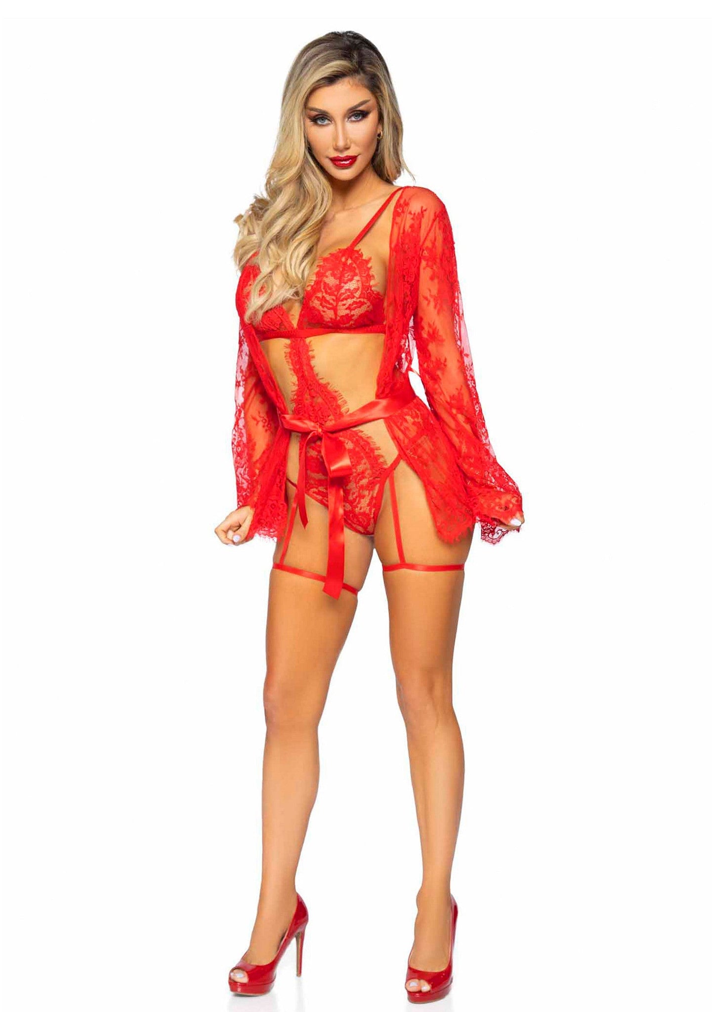 Garter Teddy with String  Back and Robe RED S - 9