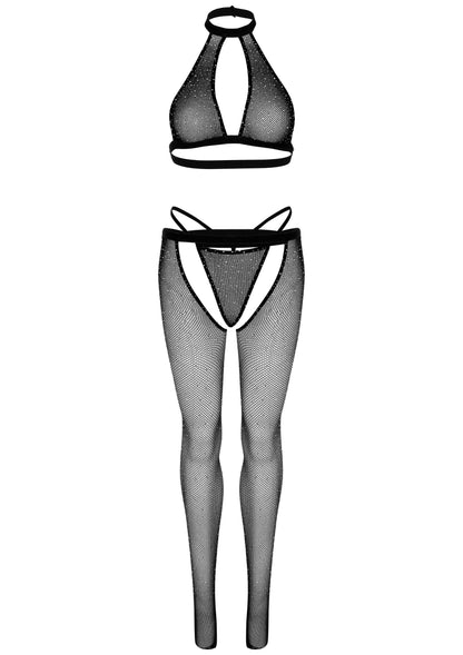 Keyhole Top, String and Crotchless Tights BLACK O/S - 1