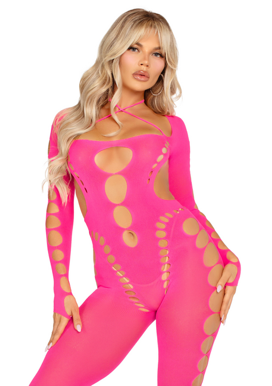 Opaque Cut-Out Footless Bodystocking - Rosa