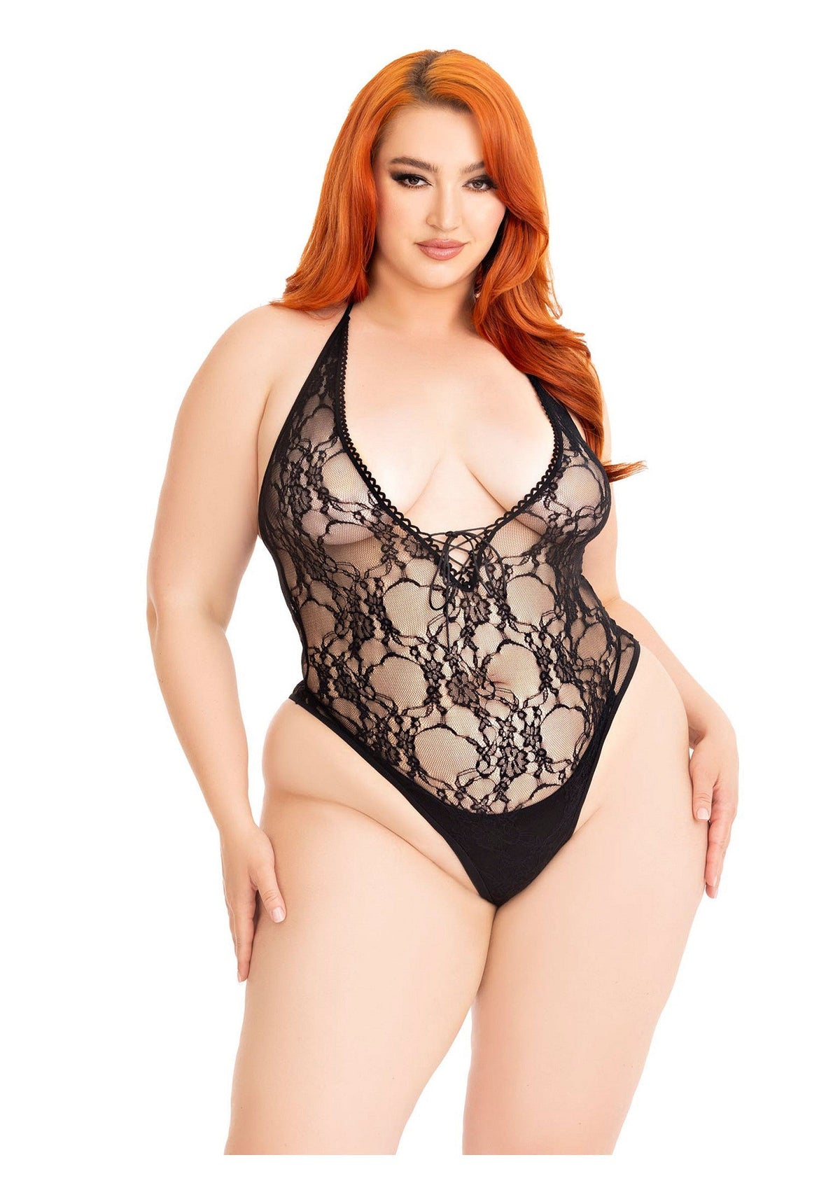 Plus Floral Lace Deep-V Teddy BLACK 1X/2X - 0