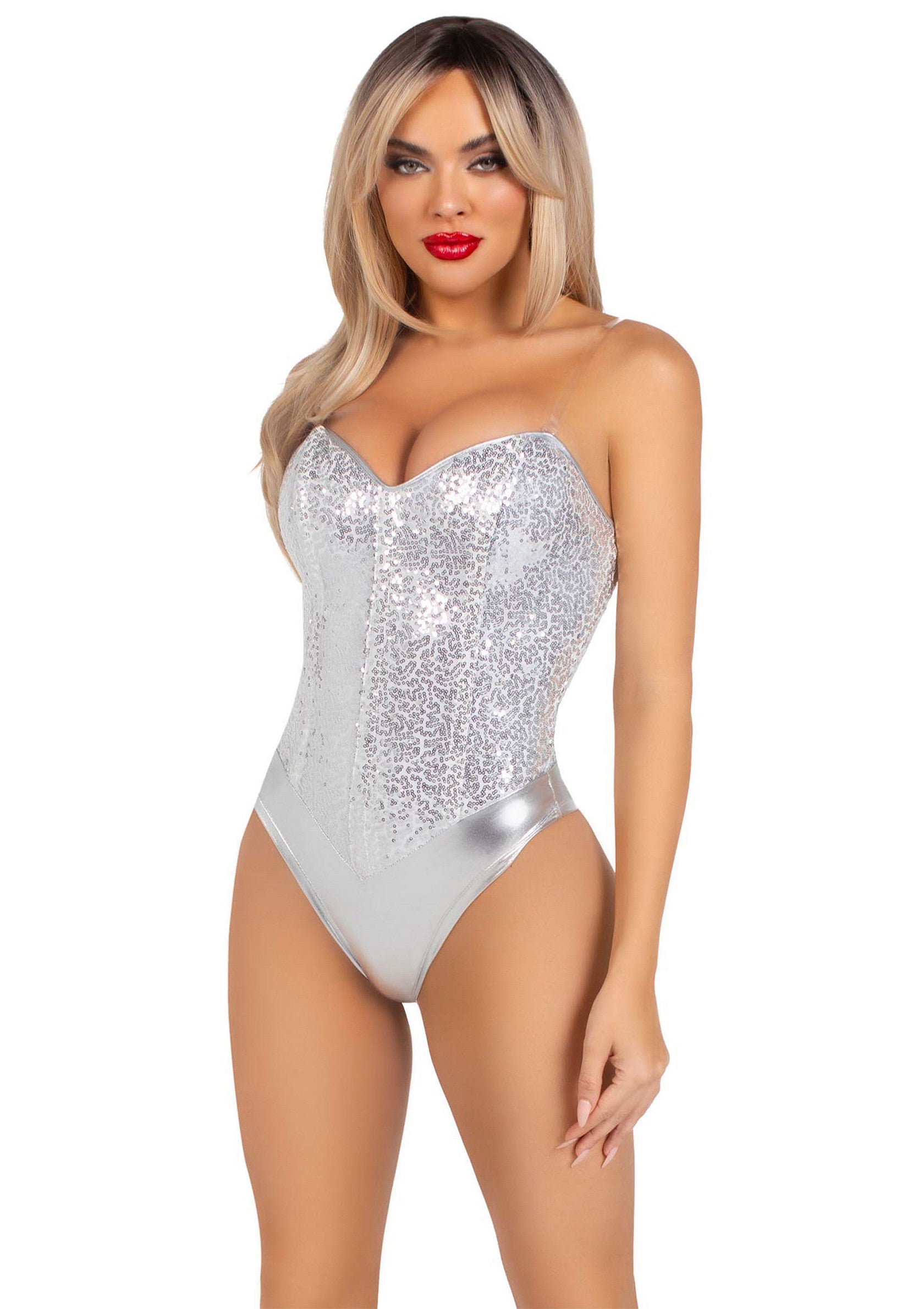 Leg Avenue Sequin Boned Crotch Bodysuit SILVER S - 1