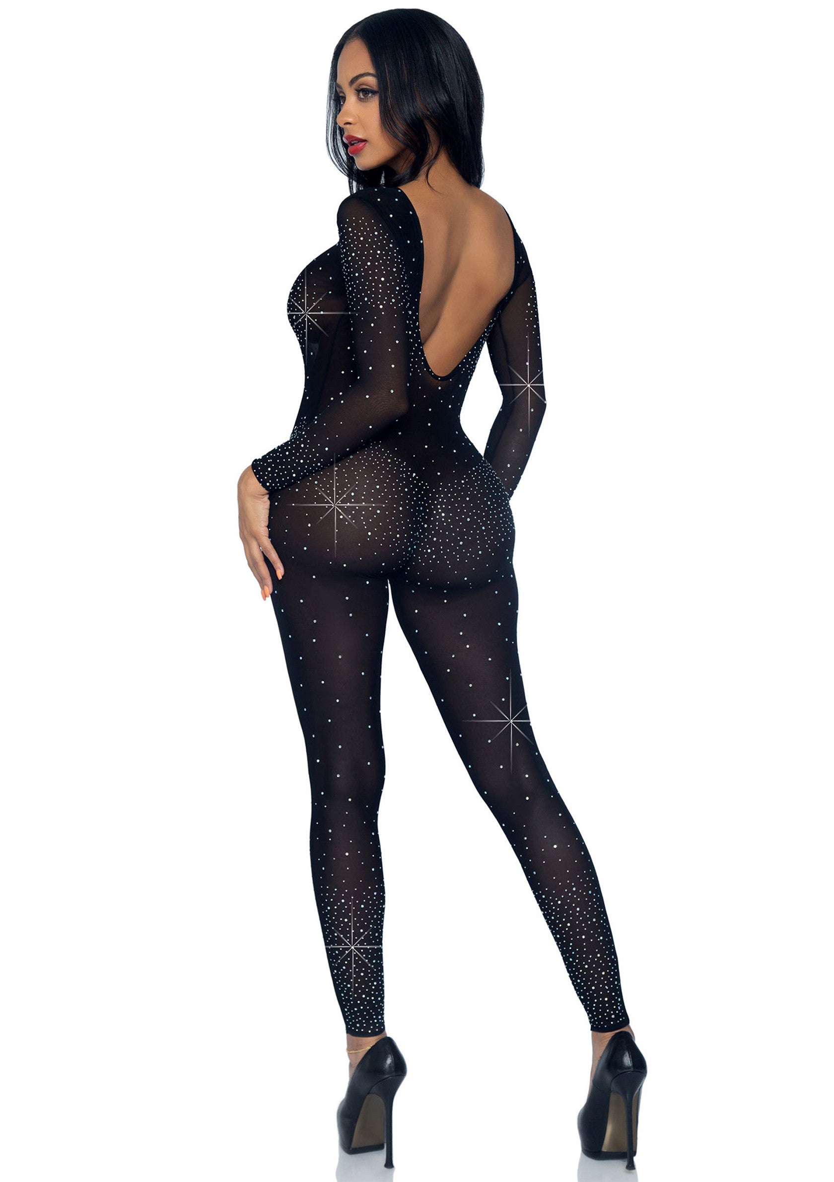 Leg Avenue Sheer Rhinestone Catsuit BLACK XS - 3