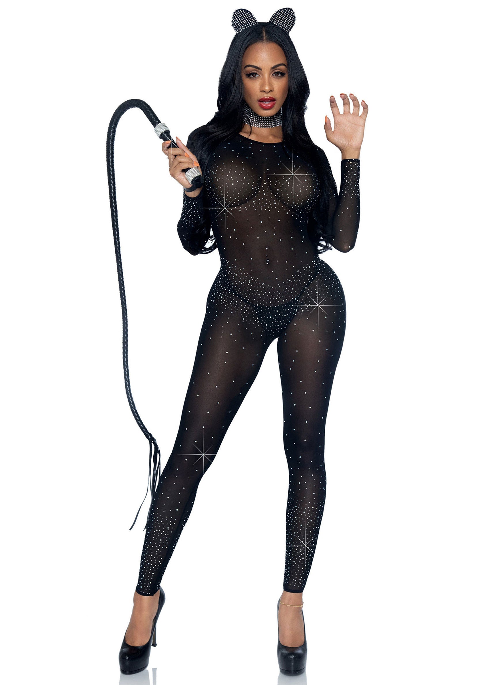 Leg Avenue Sheer Rhinestone Catsuit BLACK XS - 1